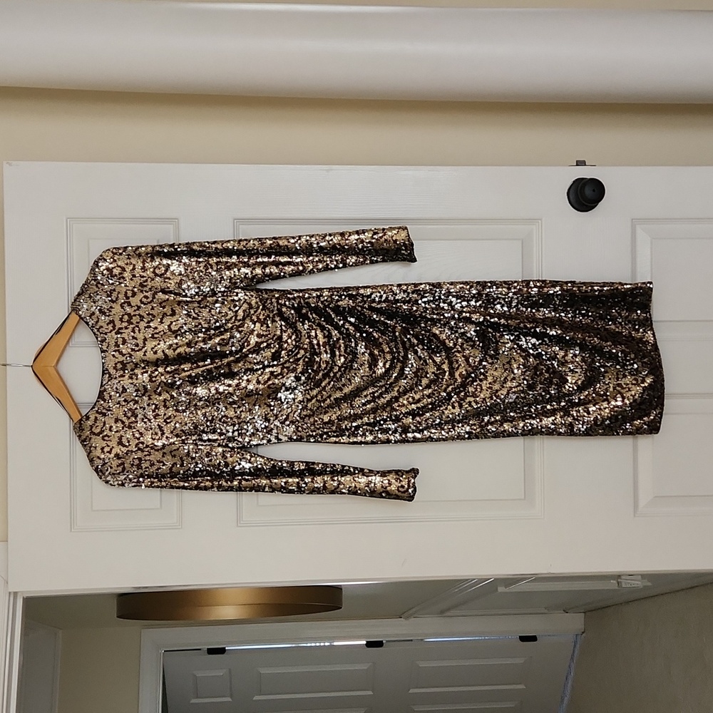 Dress the Population Emilia Gold Leopard Sequin Dress XS